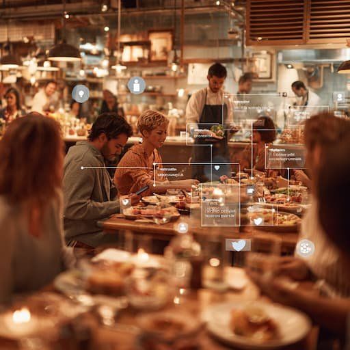 A busy restaurant with full tables and waiters and chefs in the background with data drawn across the crowd 