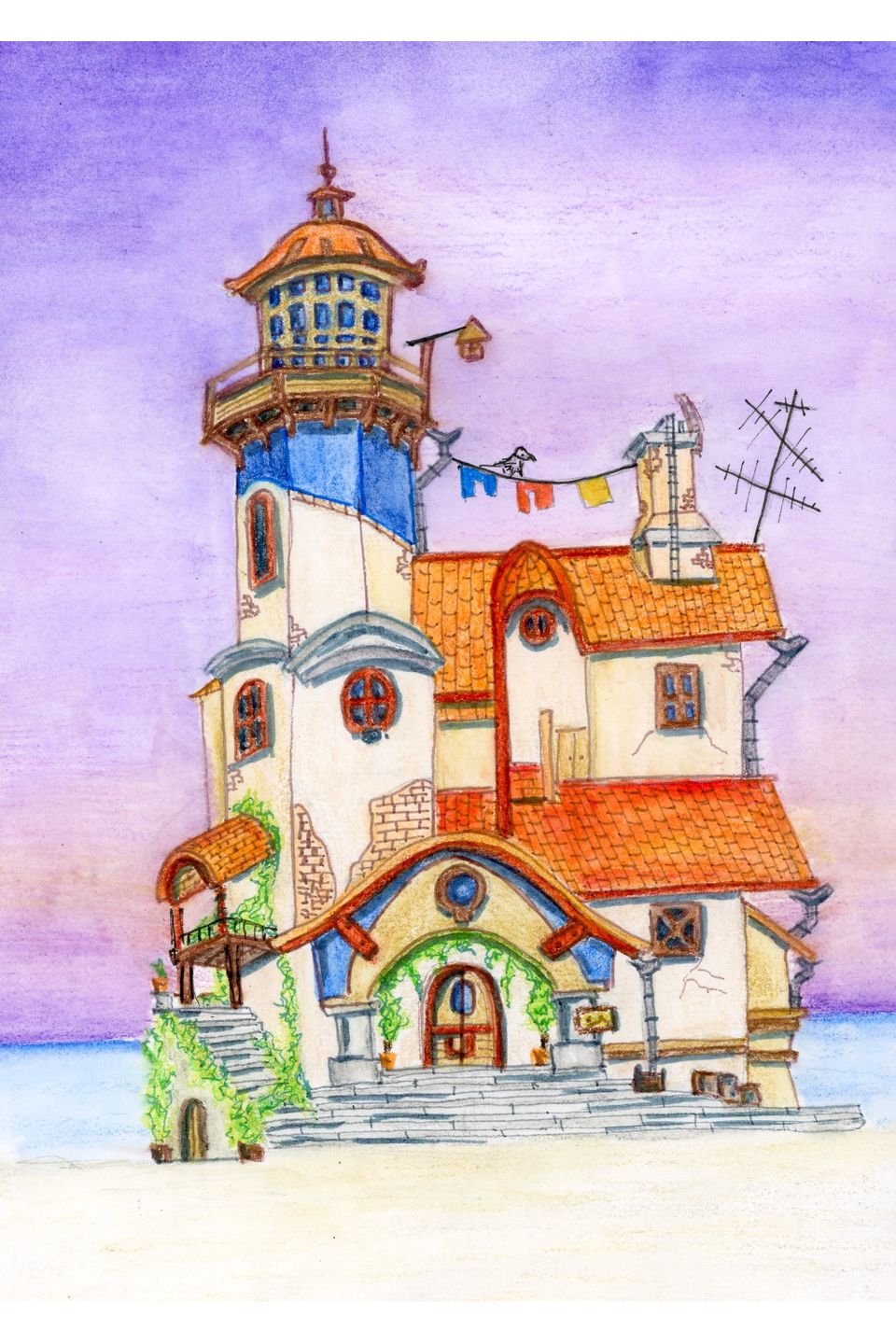 Watercolor artwork featuring a lighthouse on the beach, capturing the tranquil scene of ocean waves and sandy shores.