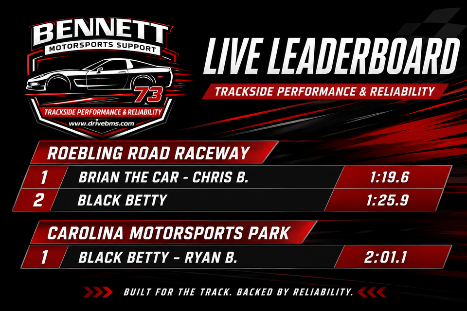 Bennett motorsports support live race leaderboard with lap times for roebling road raceway and carolina motorsports park