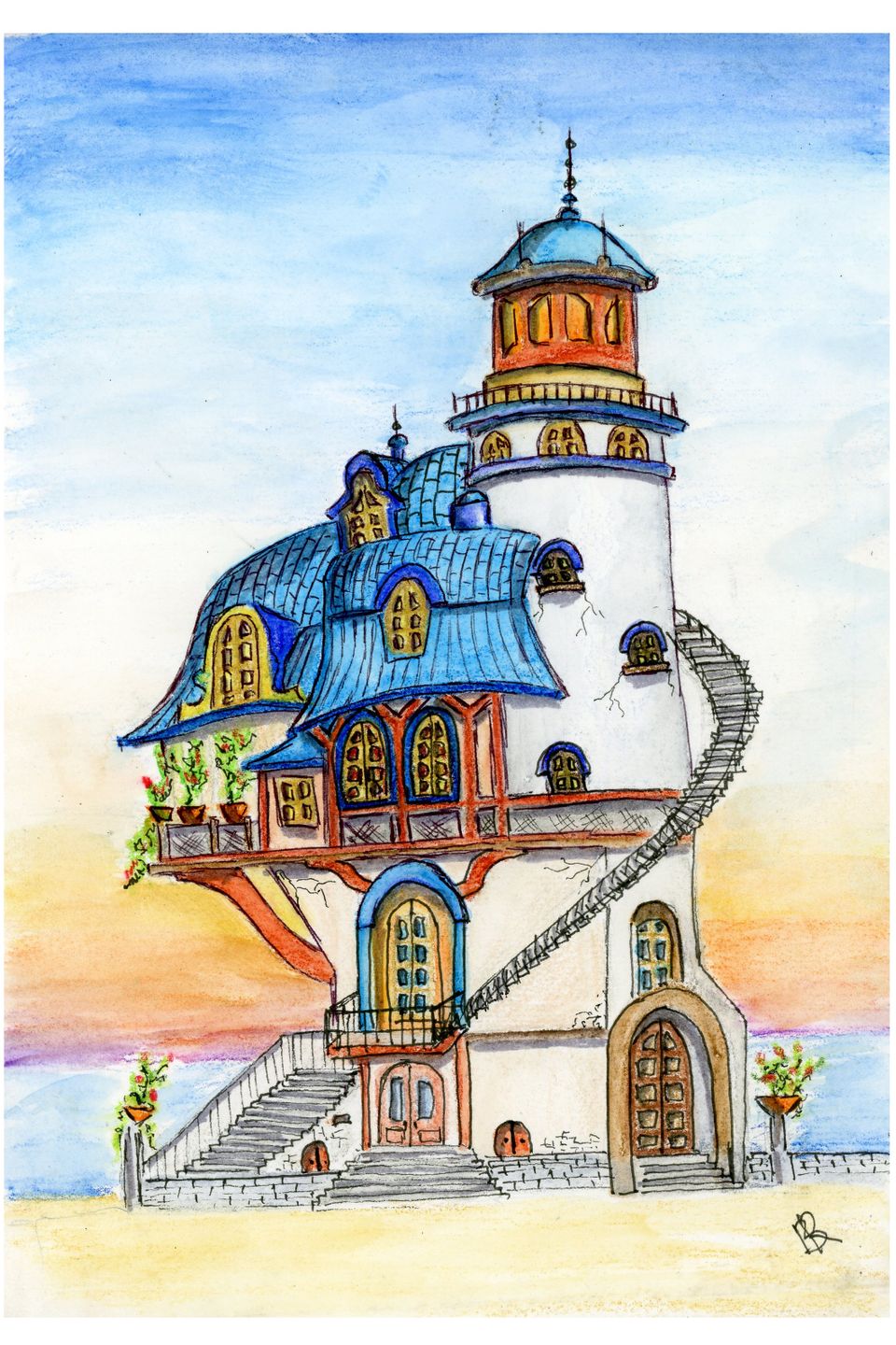 A whimsical, multi-story house with blue, curved roofs and intricate wooden accents against a soft sunset sky. A spiral staircase winds outside.