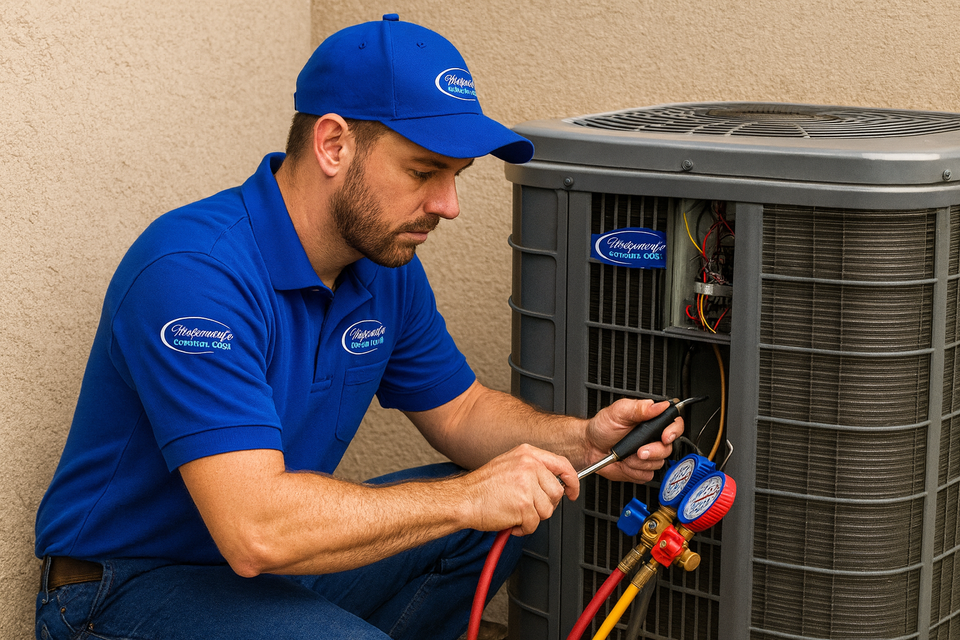 HVAC technician repairing an air conditioning unit at night, emphasizing emergency service readiness