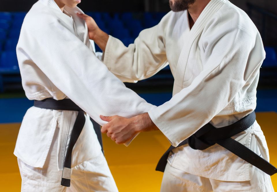 2 karate black belts practicing moves on eachother