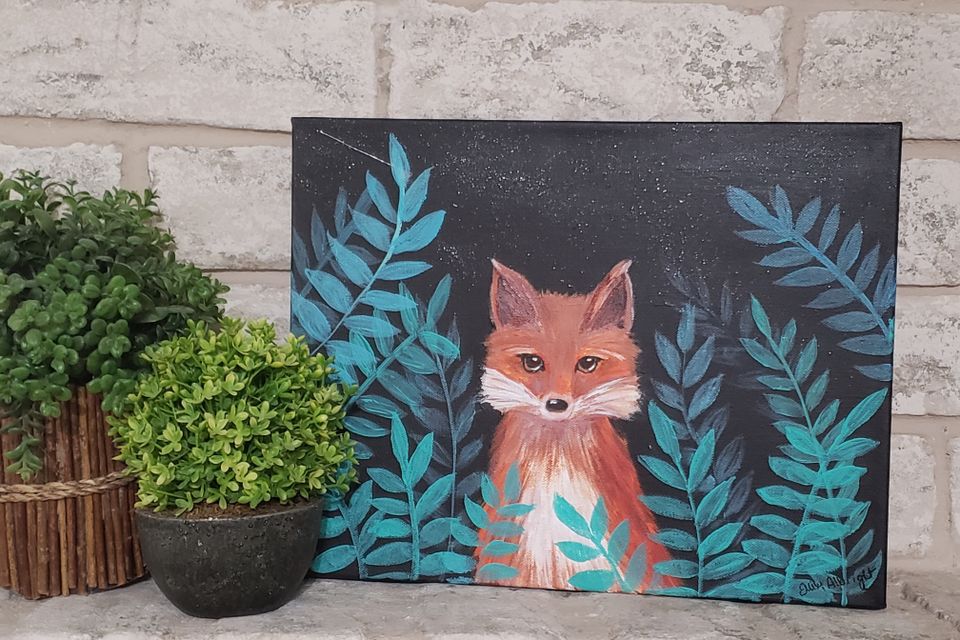 orange fox fern grotto black acrylic painting artwork by artist Emily Albright