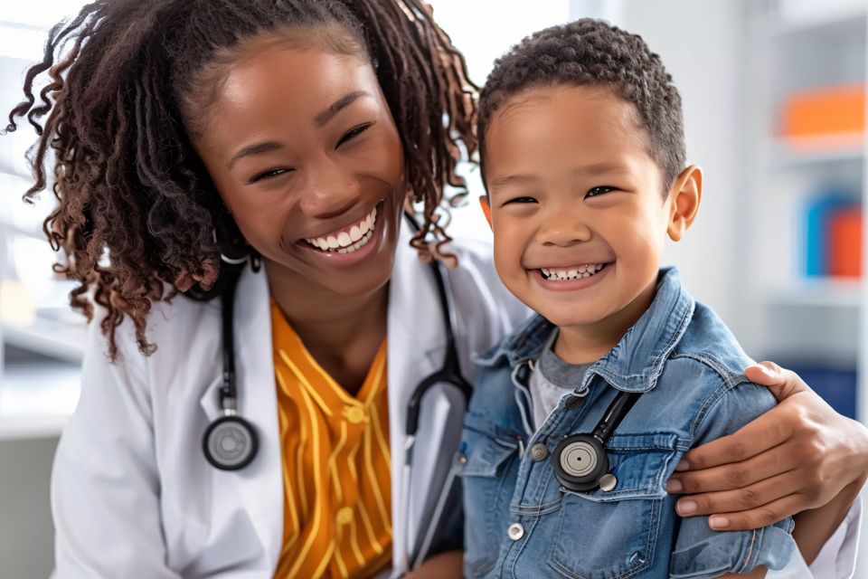 Black doctor holding a young child, symbolizing compassionate home health care