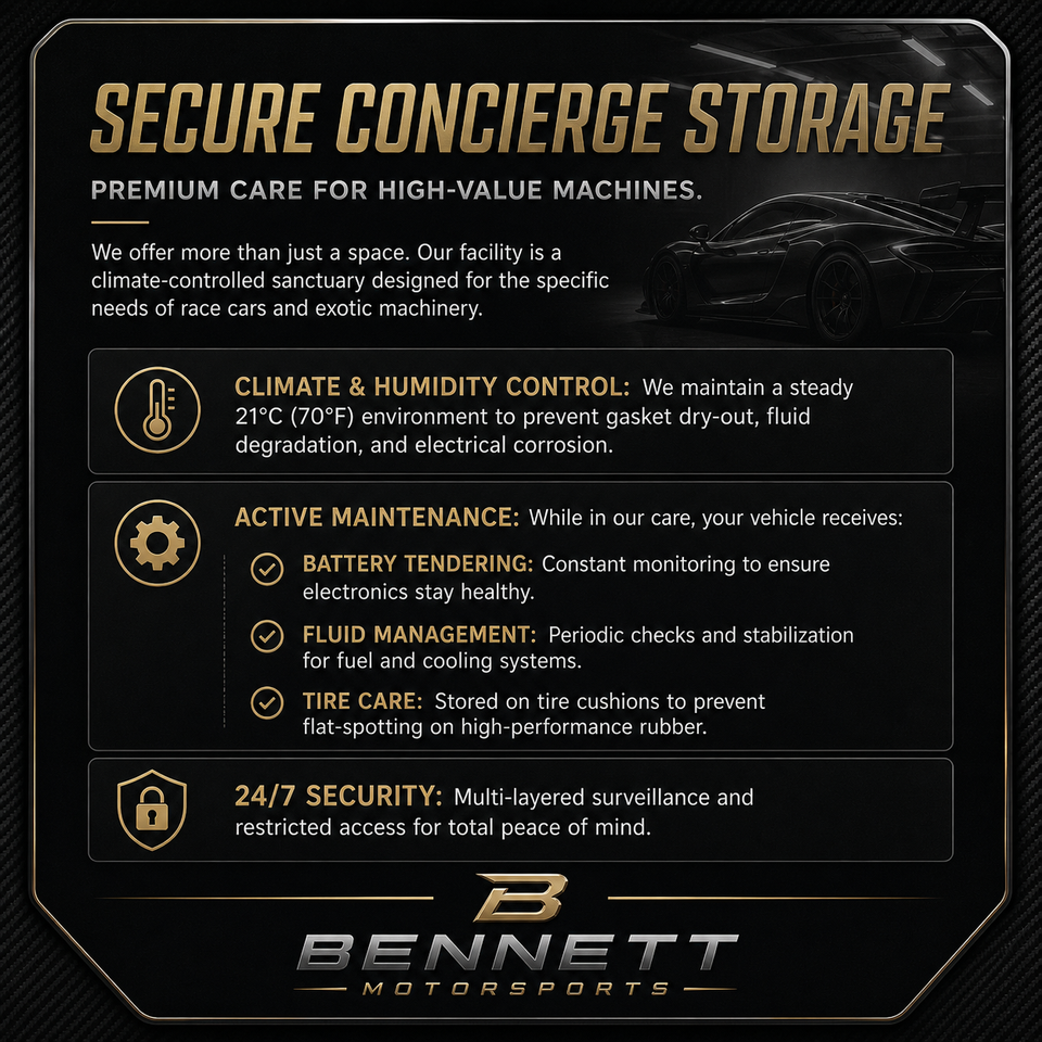 Bennett Motorsports climate-controlled vehicle storage facility featuring organized race car bays