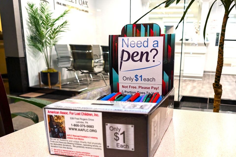 On location, fits nicely on the countertop. Filled with pens. Easy to operate side gig vending route.