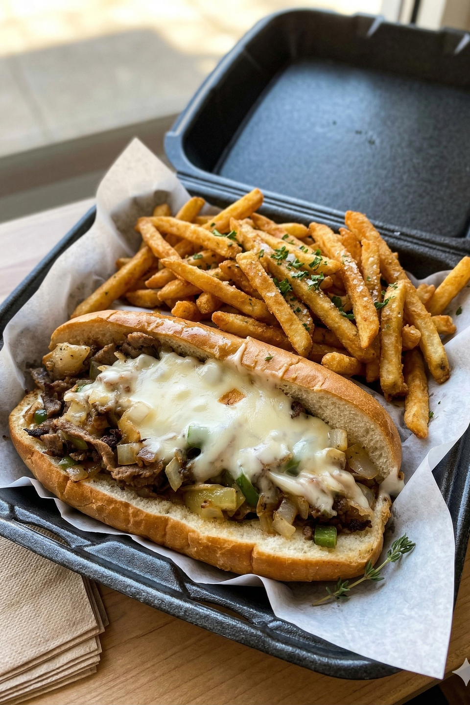 Best Philly in Lewisville, Texas Philly cheesesteak sandwich with grilled beef, peppers, onions, melted white cheese, and French fries from Wing Dash in Lewisville, Texas.