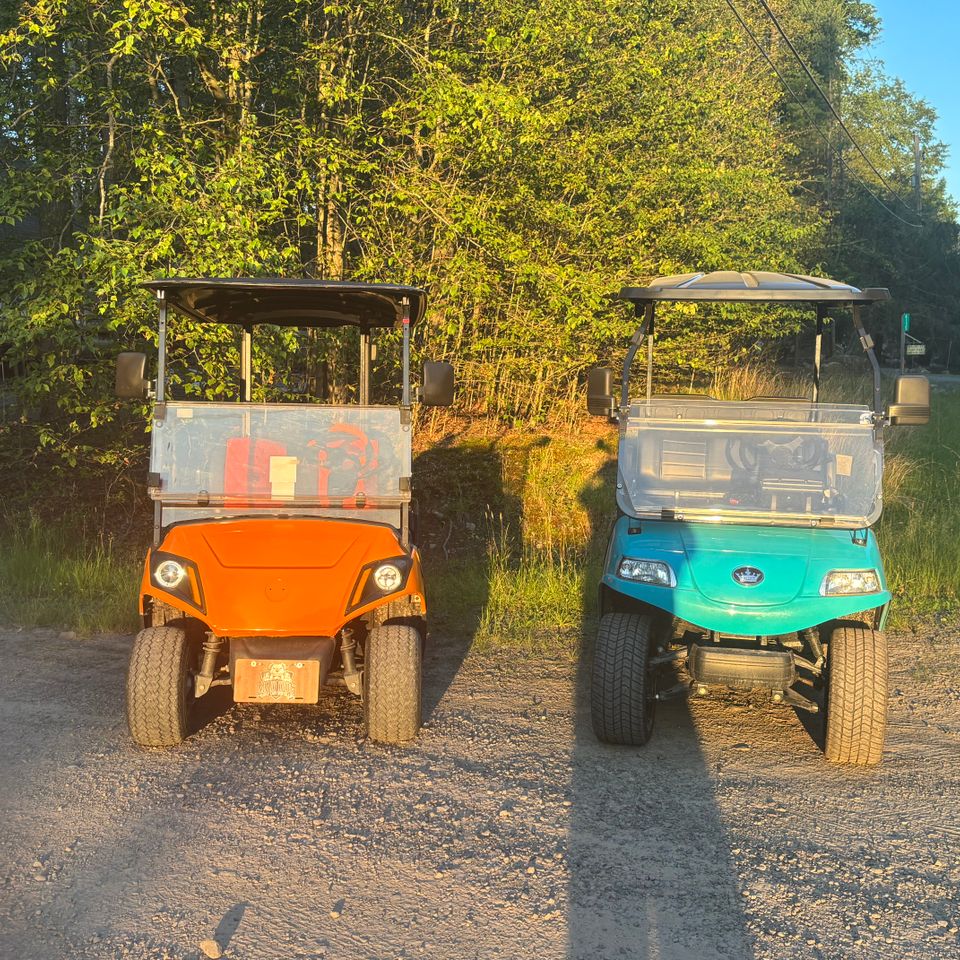 Front view of an affordable orange and blue golf cart rental from Mad Dog Golf Cart Rentals in Locust Lake PA