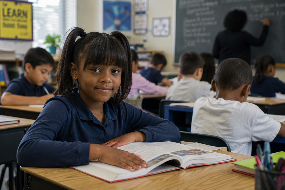 A plus little girl with pony tail bank in a classroom