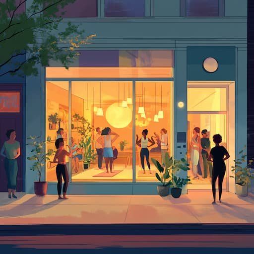 A cartoon like image of a yoga studio with people inside and a couple others looking from the outside