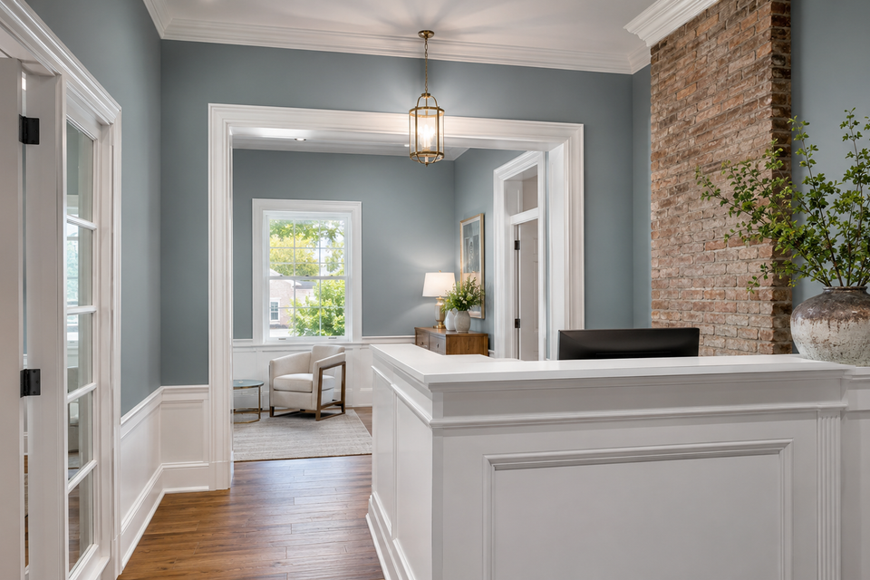 commercial-interior-painting-modern-office-spaceway-with-slate-blueaccent-walls-chester-county-pa