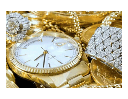 Golden watch and various types of jewelry