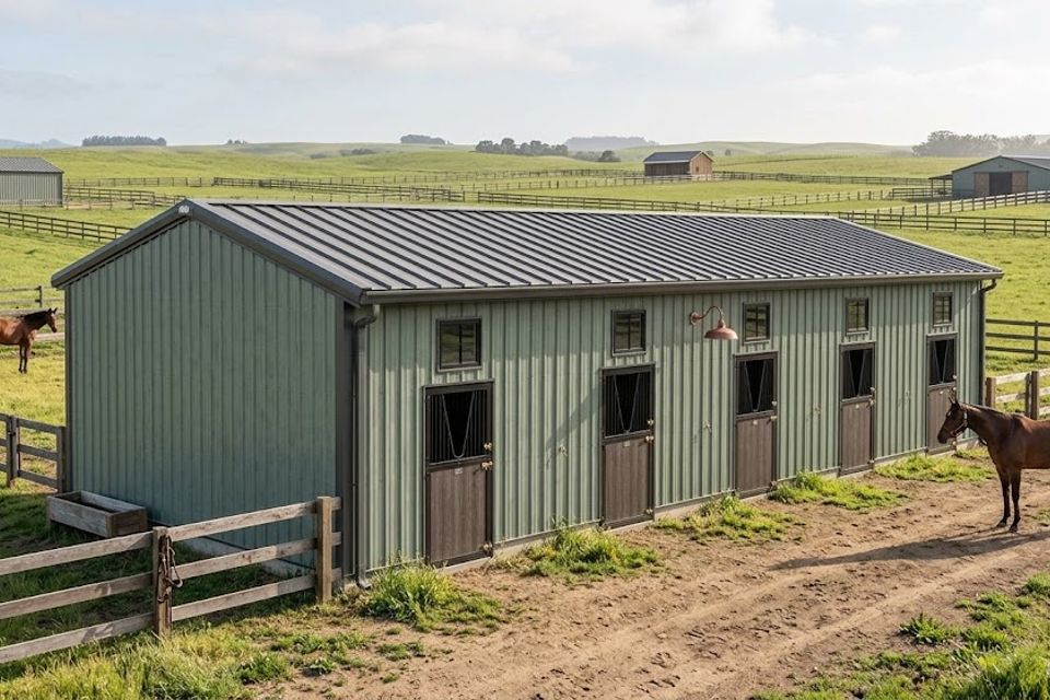 Green metal horse barn with four stall doors and horses grazing in Elizabethton TN