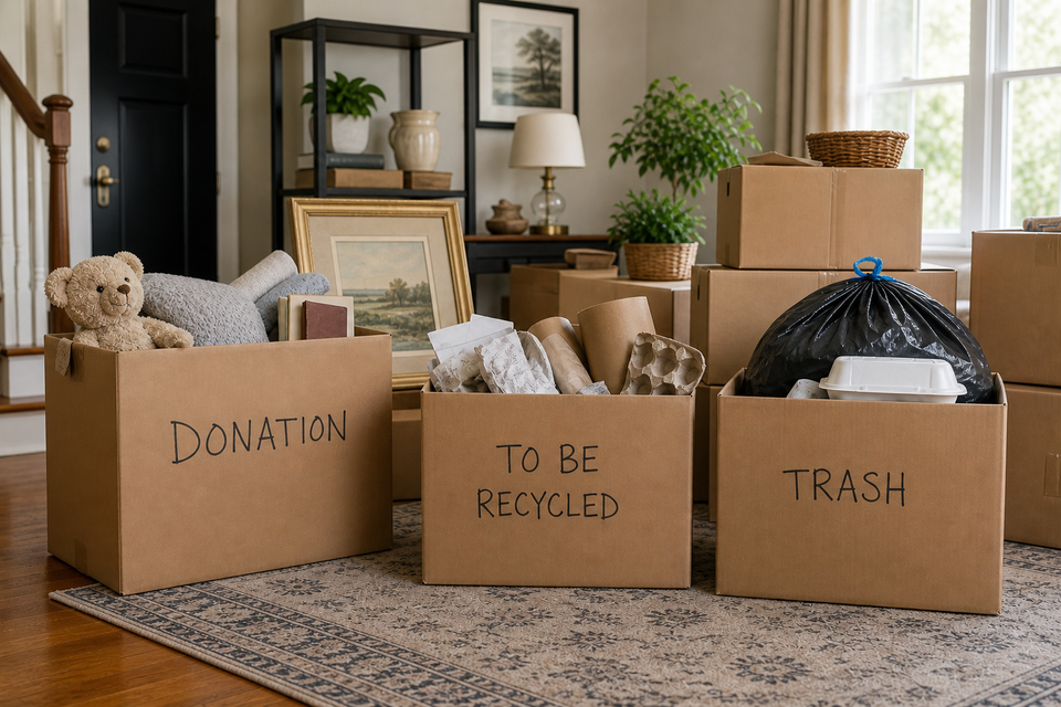 Decluttering and sorting in a cozy living room