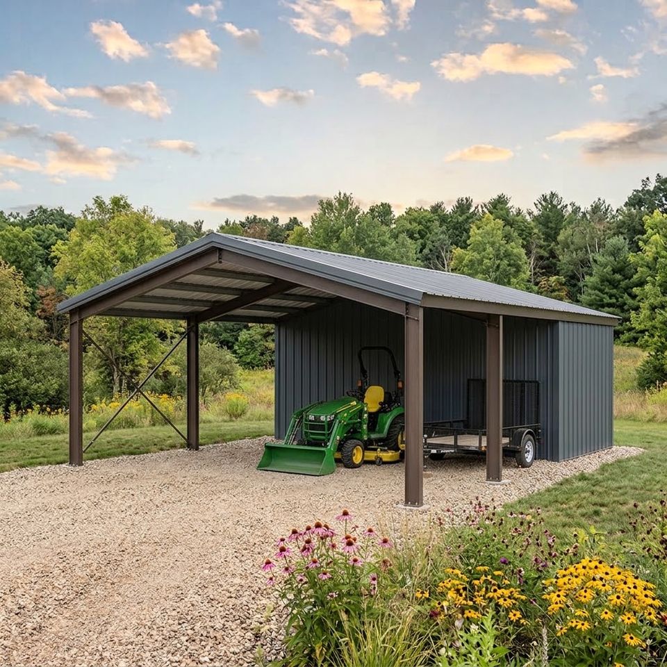 Gray utility carport with enclosed back wall storing a tractor and trailer in Knoxville TN