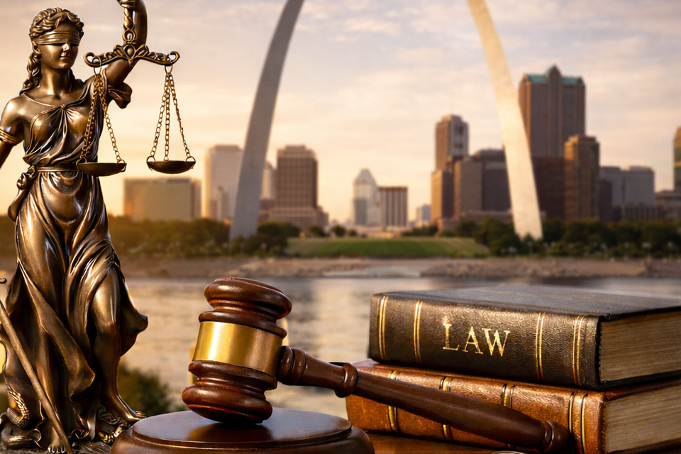 Legal symbols with gateway arch backdrop