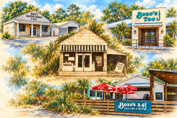 Watercolor montage with the historic Bozo’s storefront at the center, surrounded by today’s Seafood Market, Bozo’s Too, and Bozo’s 2.5