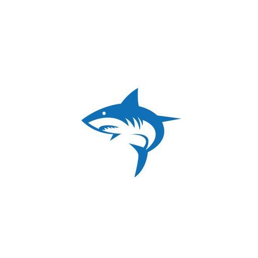 Blue graphic of a stylized shark in motion, representing fishing or marine life