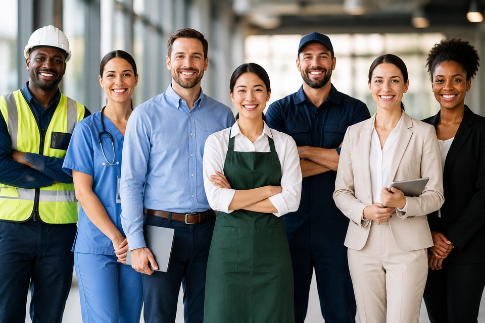 Smiling employees different industries