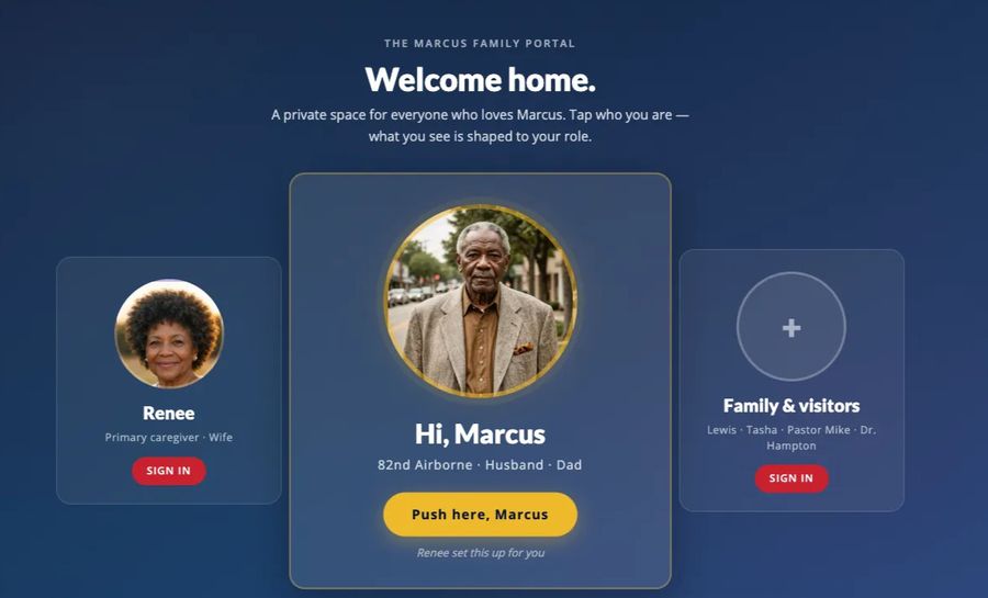 The Marcus Family Portal welcome screen