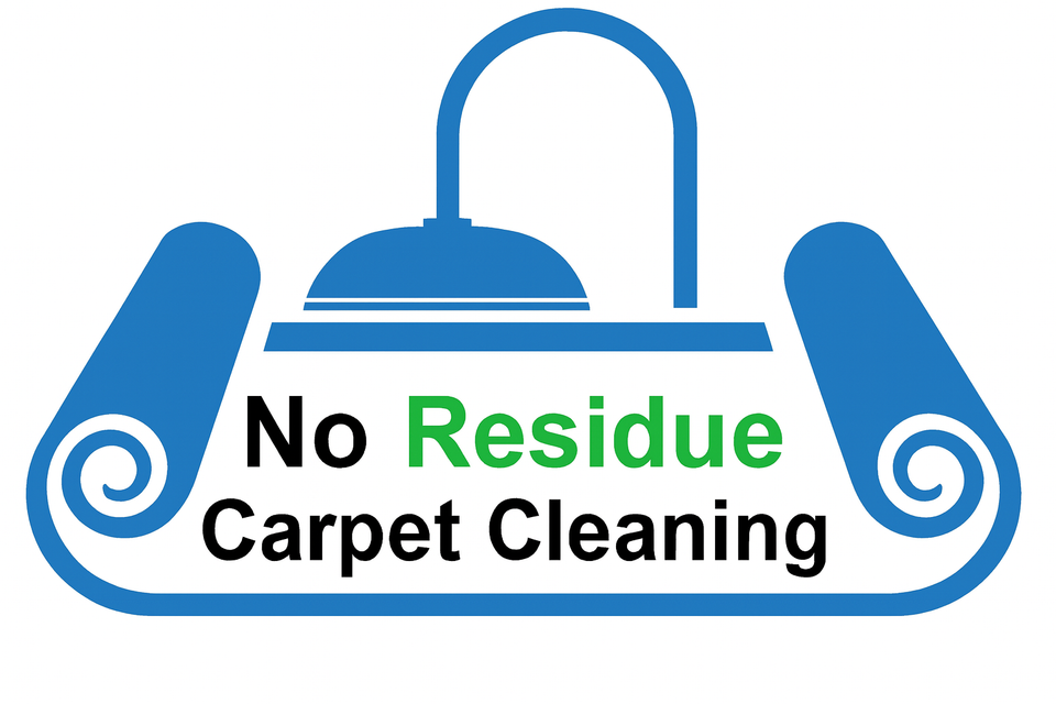 Logo for No Residue Carpet Cleaning featuring a stylized blue carpet with curled ends and a circular cleaning device above, with bold black and green text 