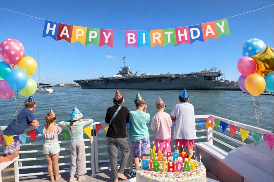 Group celebrating a birthday on a private boat charter in Charleston, South Carolina
