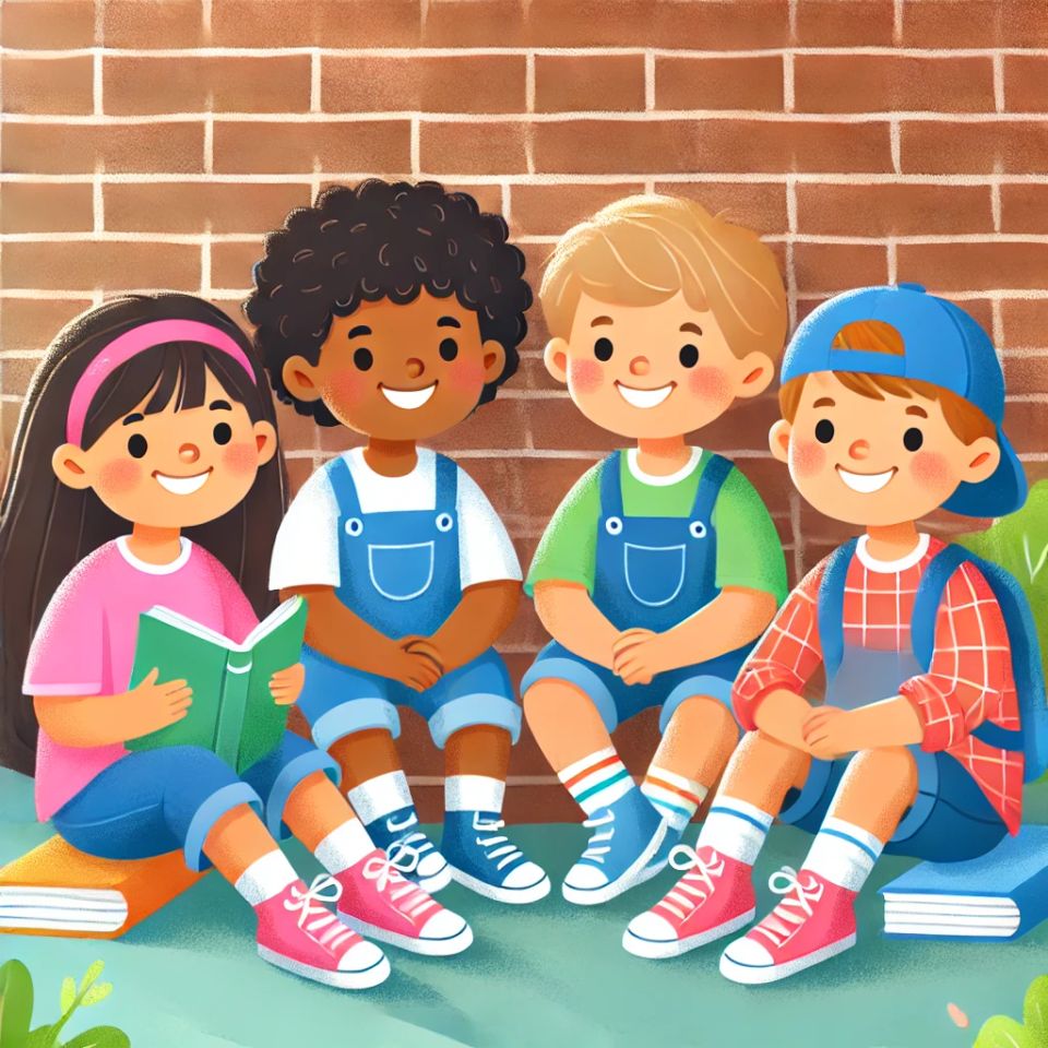 Dall·e 2025 02 03 00.06.51   a cartoon style illustration featuring four cheerful children sitting together outdoors against a brick wall. each child is unique  representing diver