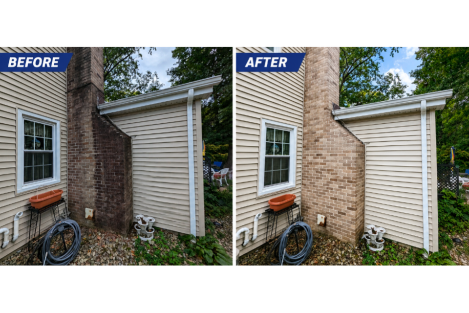 Before and after photos showing a stained brick chimney and siding cleaned with pressure washing.