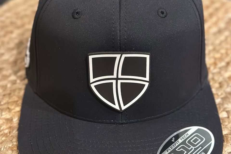 Black hat white shield front