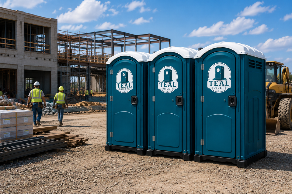 Construction site with teal porta-potties