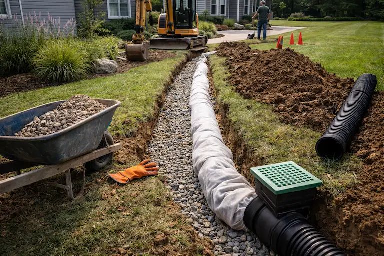 French drain and yard drainage system installation with gravel trench and underground pipe at a residential property in Charlotte NC
