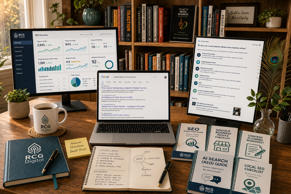 Website analytics, SEO, and AI search tools displayed on a desk