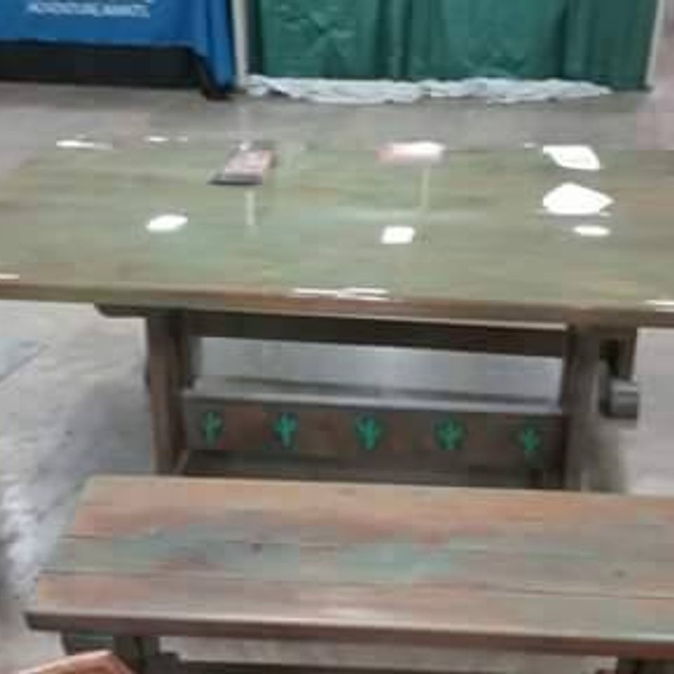 Made  to  order diningroom table with  cactus onlays   cactus cut outs and benches 2019