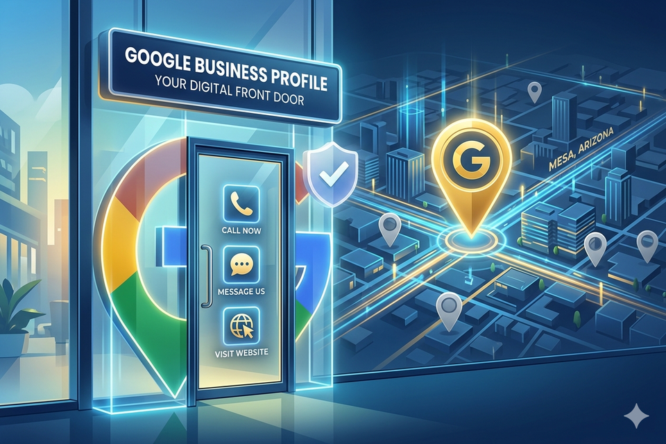 Futuristic storefront with call buttons, leading to a verified Mesa, AZ Google Business Profile map.