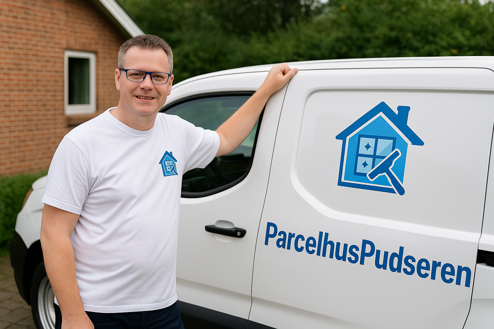 Mand ved bil med ParcelhusPudseren-logo – professionel vinduespudsning i Næstved