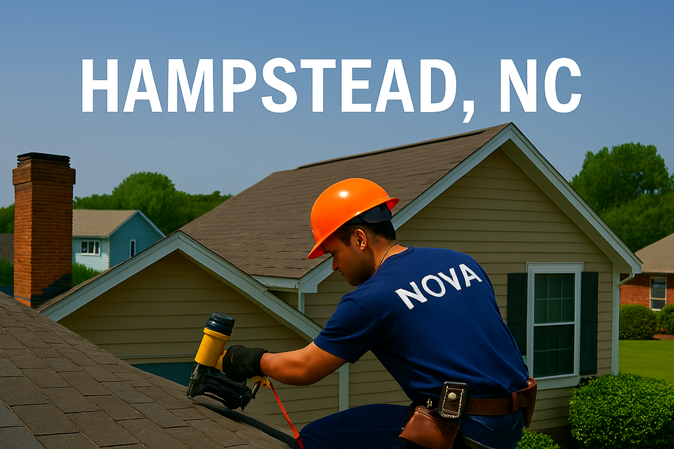Nova Roofing employee kneeling on roof of Hampstead NC home with multiple suburban houses in background