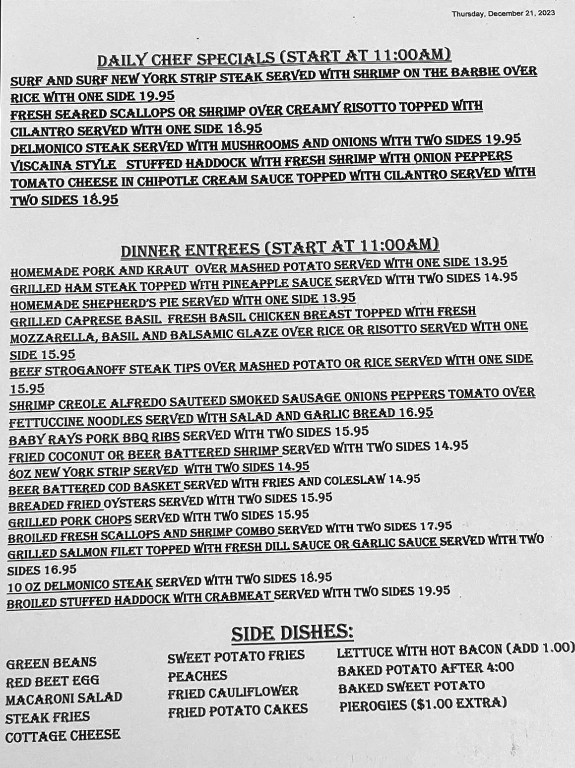 Menu Specials Country Meadows Restaurant 81 Hershey Road