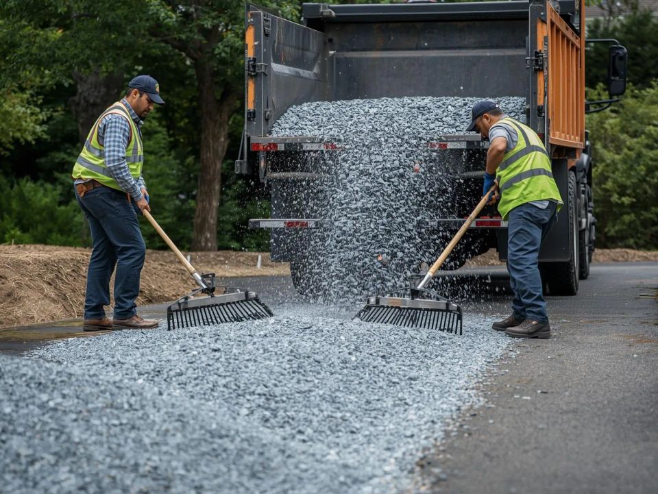 Workers using metal gravel rakes to quickly spread out and even bluestone gravel as it is dumped out of a dump truck in a long driveway original