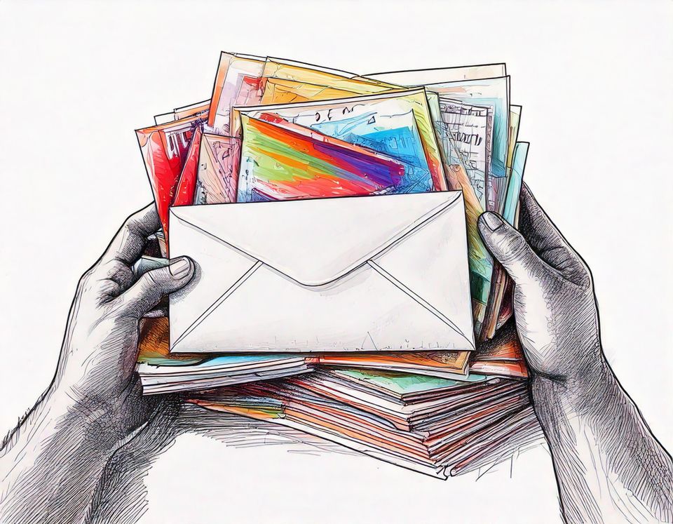 Firefly generate an image of a small stack of marketing mail with a white background and a hand hold