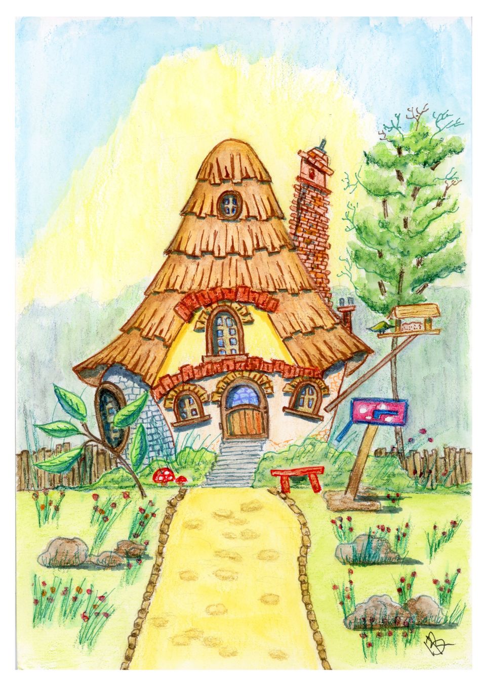 A sketch of a house showcasing a classic thatched roof, emphasizing its rustic appeal.