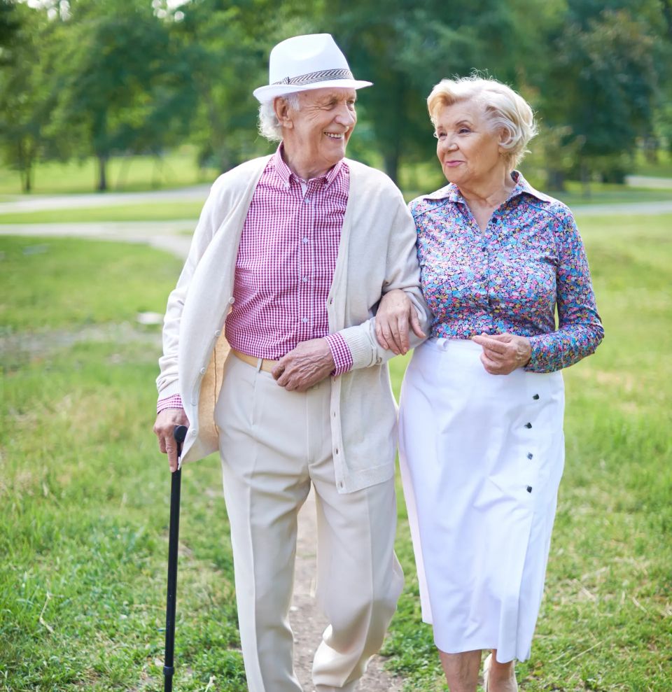 Happy seniors talking while taking a walk in the park in summer