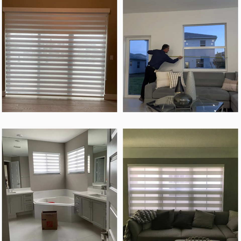 A collage of BJ&S Blinds installations showing zebra shades in living rooms, bathroom, and a technician performing installation