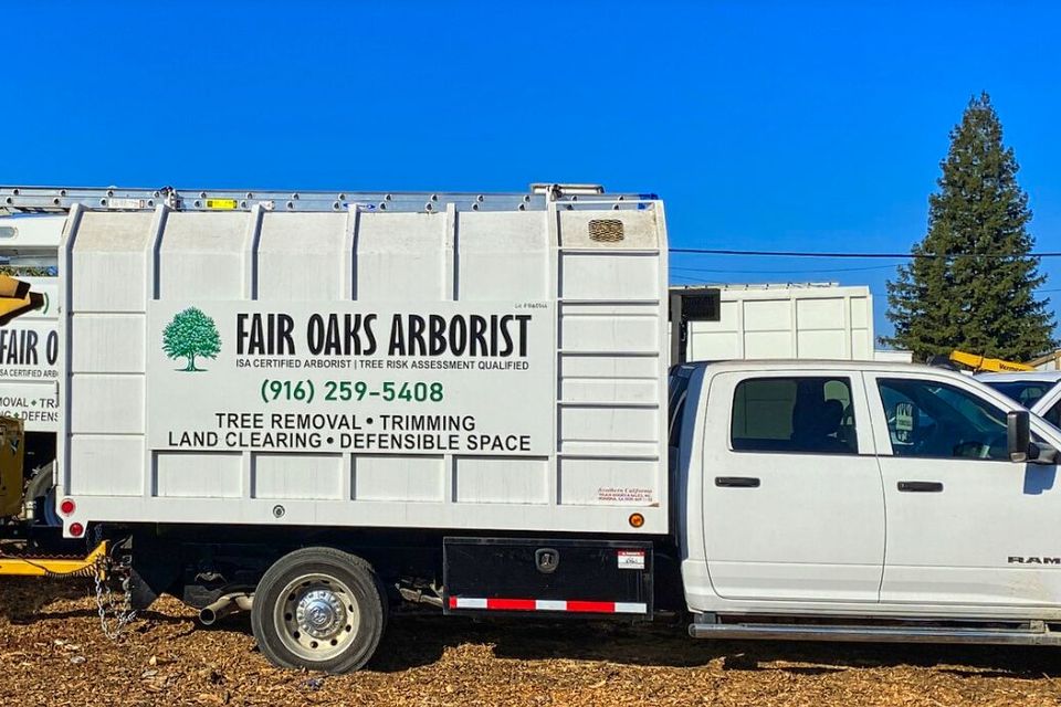 Fair Oaks Arborist ISA Certified Arborist truck with professional wood chipping equipment
