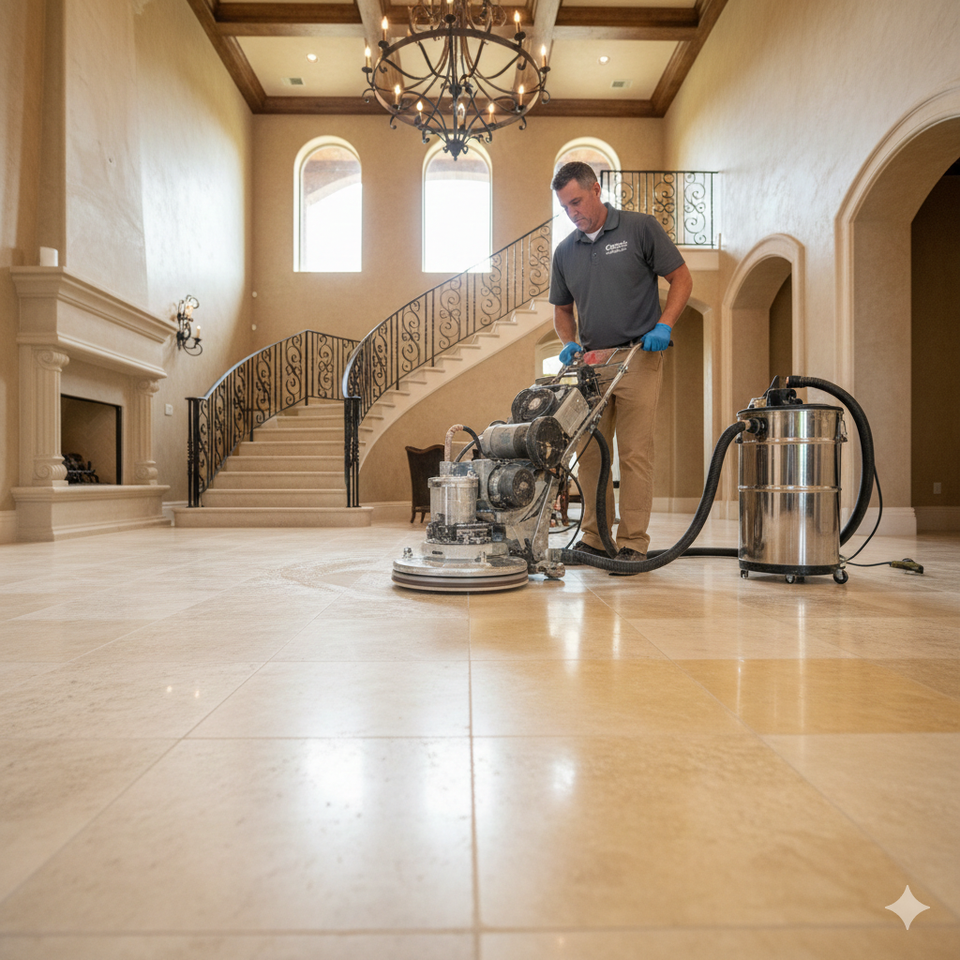 Professional stone technician using a dustless wet-honing machine to restore a satin finish to a large-scale limestone foyer in a luxury home, highlighting the natural earthy tones of the stone.