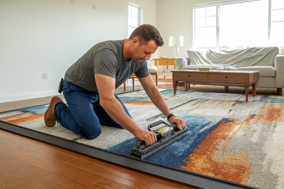 Professional flooring installer using a carpet stretcher to position a colorful area rug in a modern living room with hardwood floors and natural light.