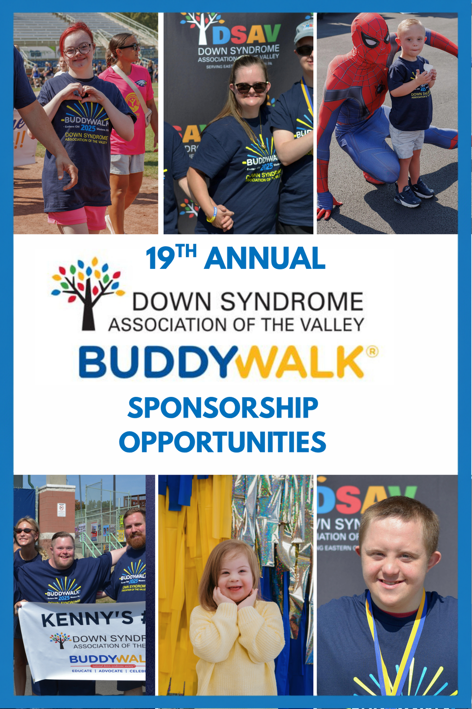 DSAV Buddy Walk sponsorship flyer featuring photos of participants, event highlights, and information about sponsorship opportunities for the annual Buddy Walk.