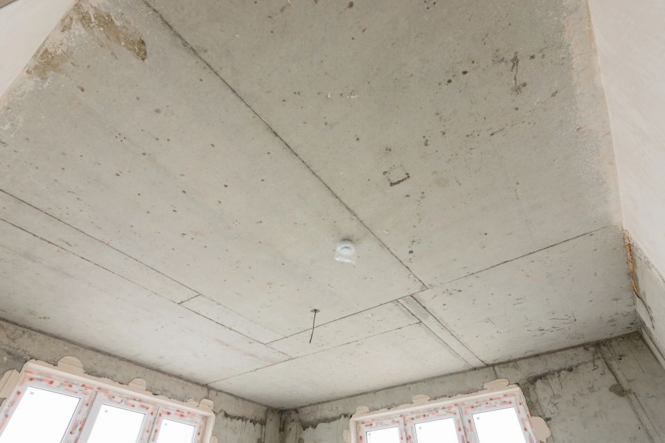 Concrete ceiling of a monolithic house close-up in a new building
