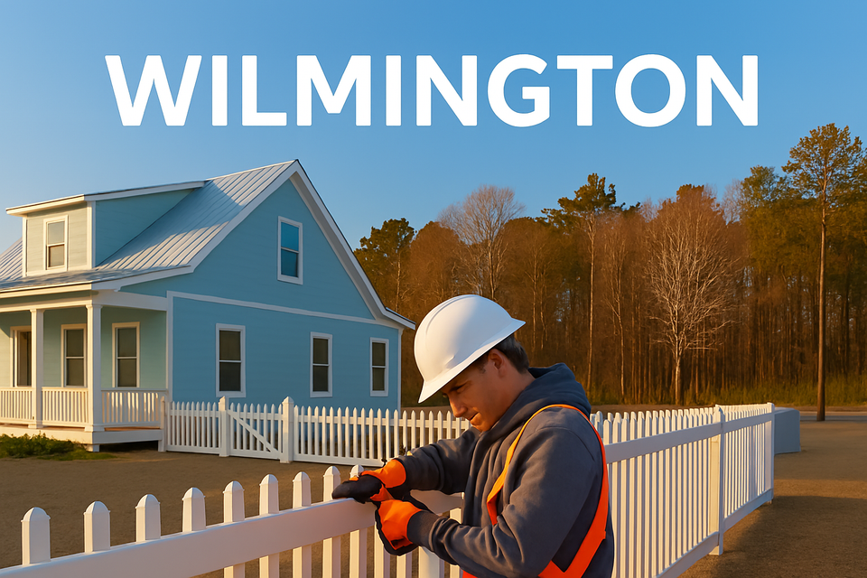 Nova Roofing employee installing white picket fence at light blue coastal home in Wilmington NC with forest backdrop