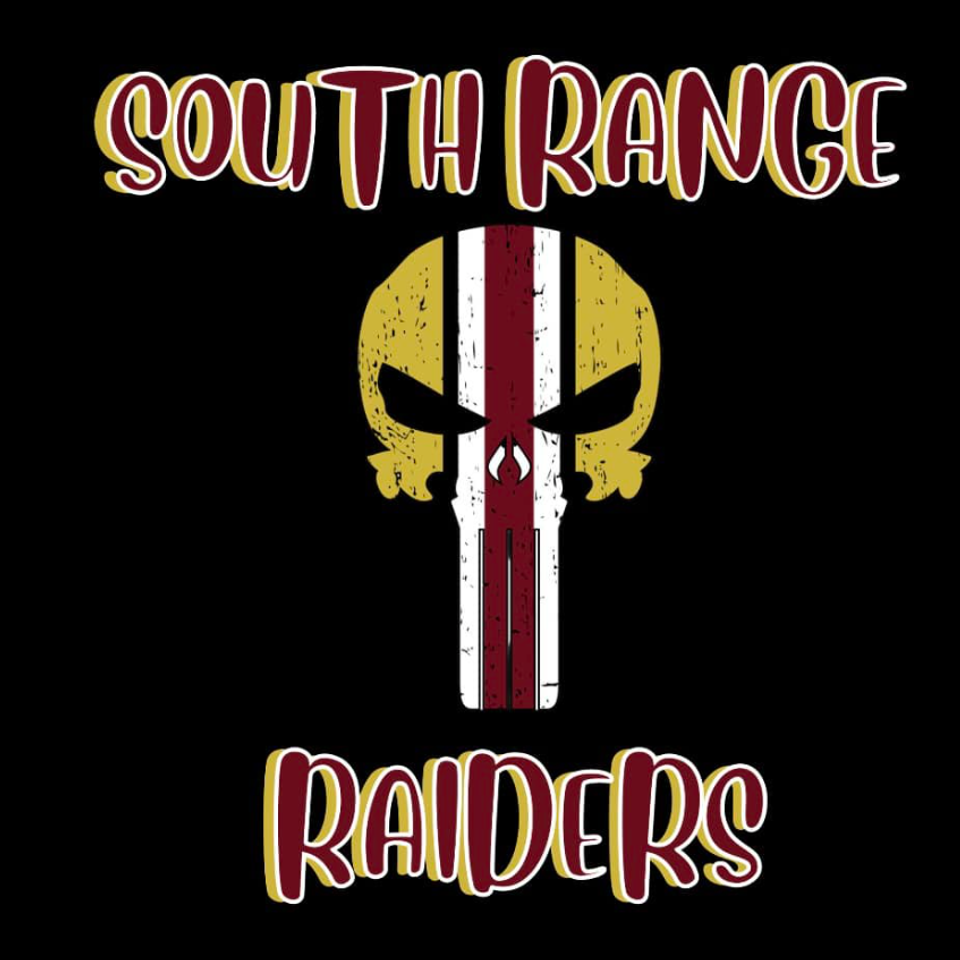 South Range Raiders graphic featuring maroon and gold lettering with a skull design on a black background.