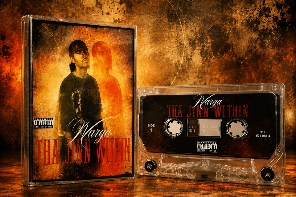 Promo image of a cassette tape showing cover art for Calm Ron Ali's album Tha Jinn Within. The image shows the cassette tape in front of a fiery yellow background. 